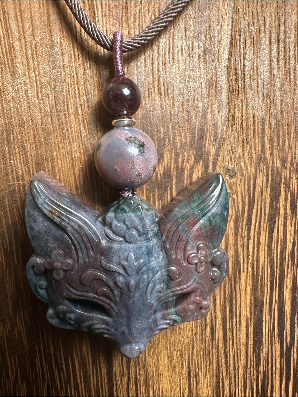Blue & Purple Ocean Jasper Fox Mask Pendant Necklace on Brown Rope with Garnet - Picture 9 of 13